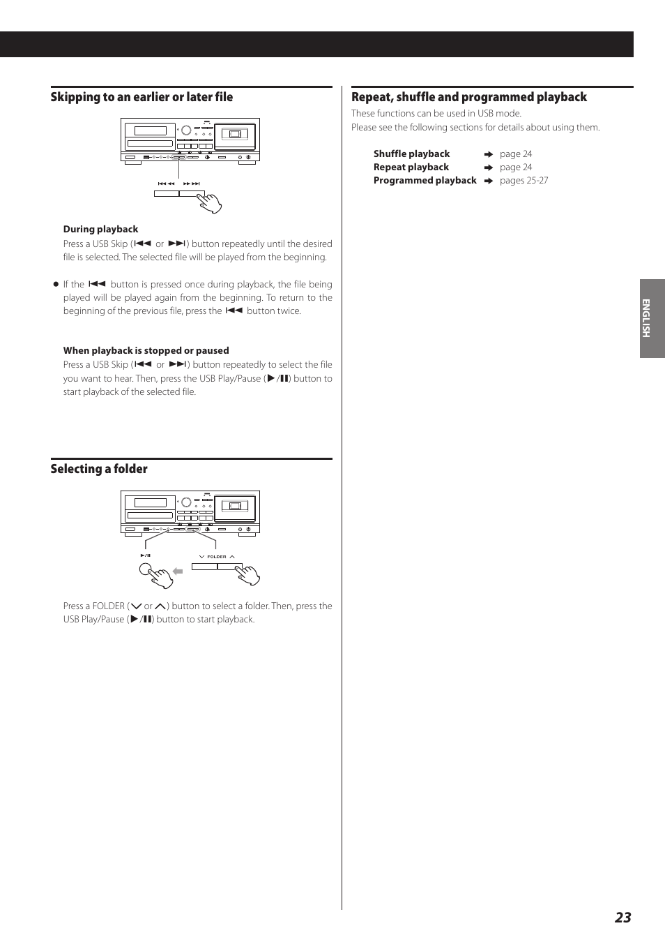 Skipping to an earlier or later file, Selecting a folder, Repeat, shuffle and programmed playback | Teac AD-RW900-B User Manual | Page 23 / 148