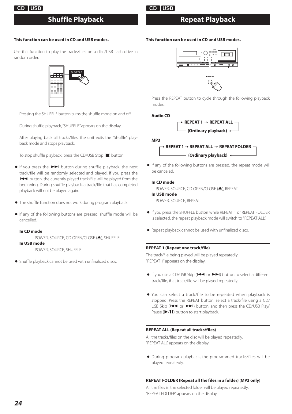 Shuffle playback, Repeat playback, Shuffle playback repeat playback | Teac AD-RW900-B User Manual | Page 24 / 148