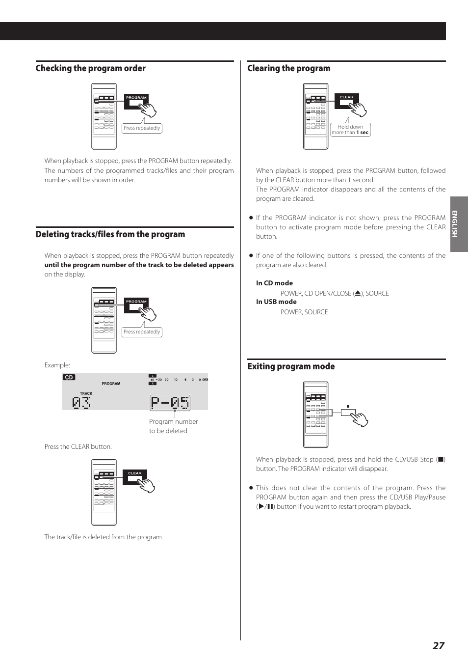 Clearing the program, Exiting program mode, Checking the program order | Deleting tracks/files from the program | Teac AD-RW900-B User Manual | Page 27 / 148