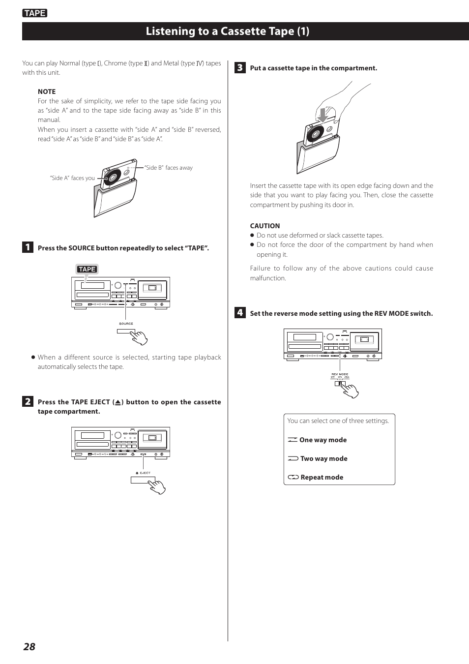 Listening to a cassette tape, 28 and, Listening to a cassette tape (1) | Teac AD-RW900-B User Manual | Page 28 / 148