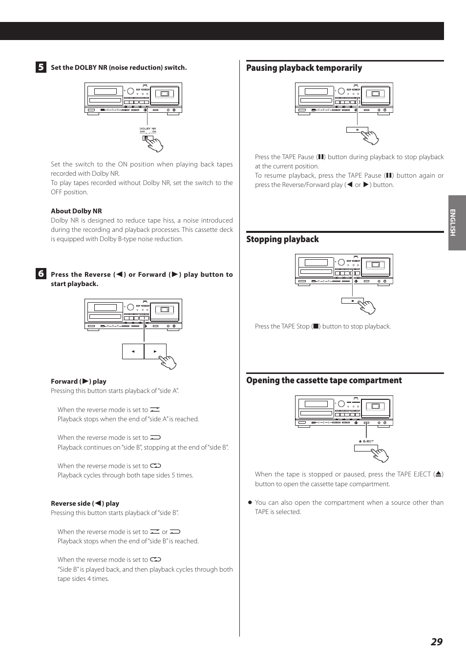 Pausing playback temporarily, Stopping playback, Opening the cassette tape compartment | Teac AD-RW900-B User Manual | Page 29 / 148