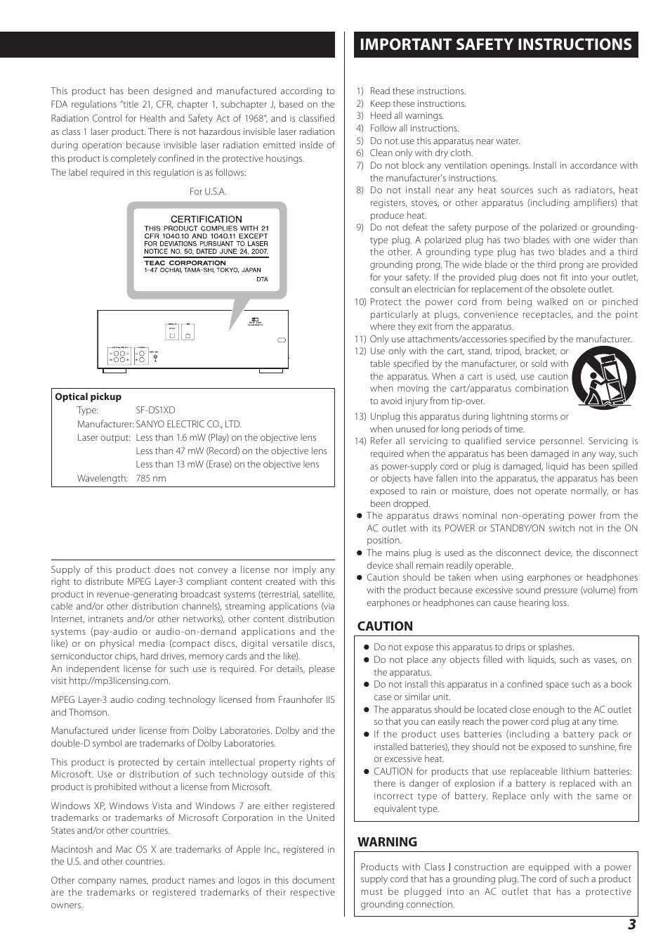 Important safety instructions, Caution warning | Teac AD-RW900-B User Manual | Page 3 / 148