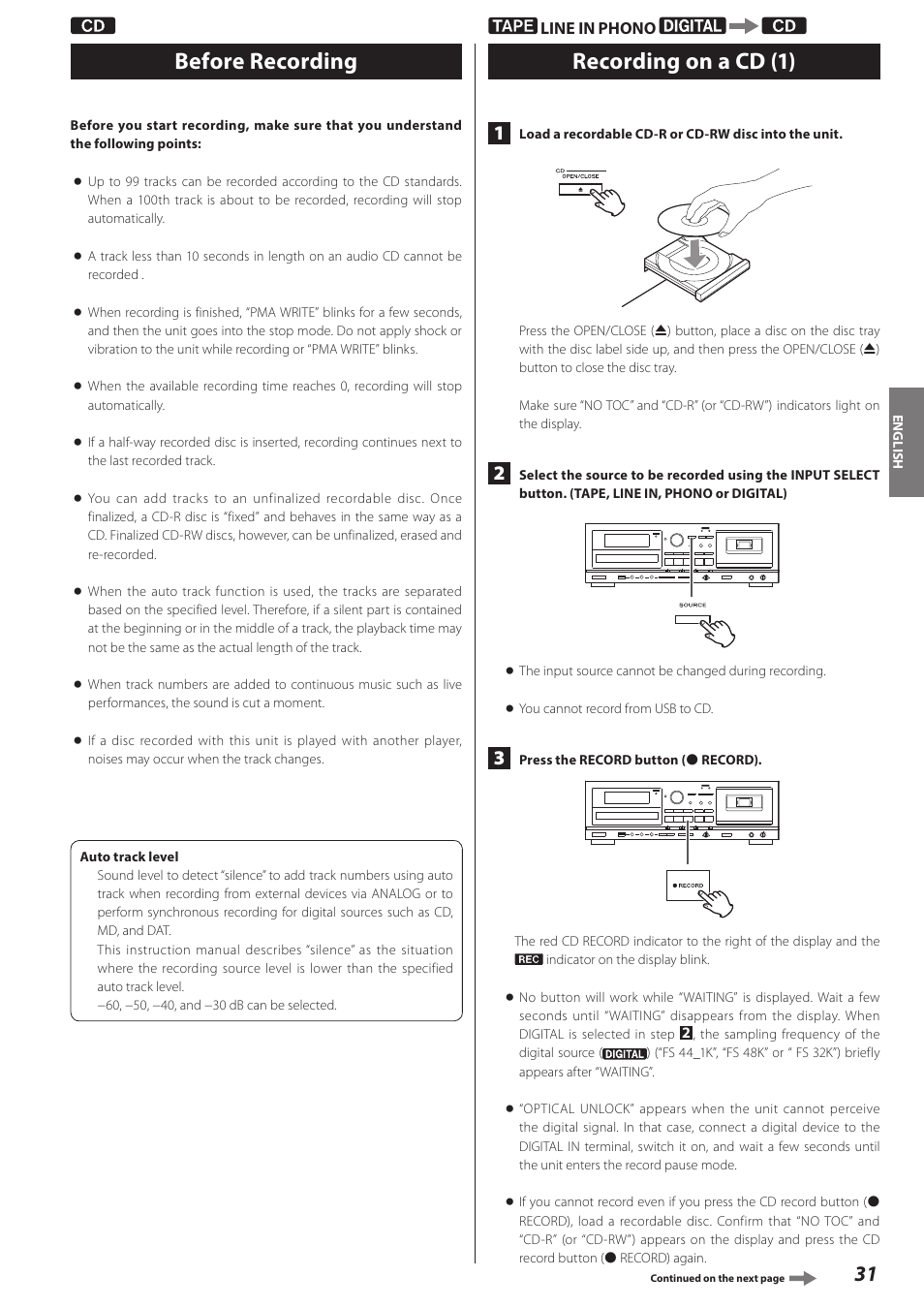 Before recording, Recording on a cd, E 31 | Before recording recording on a cd, Recording on a cd (1) | Teac AD-RW900-B User Manual | Page 31 / 148