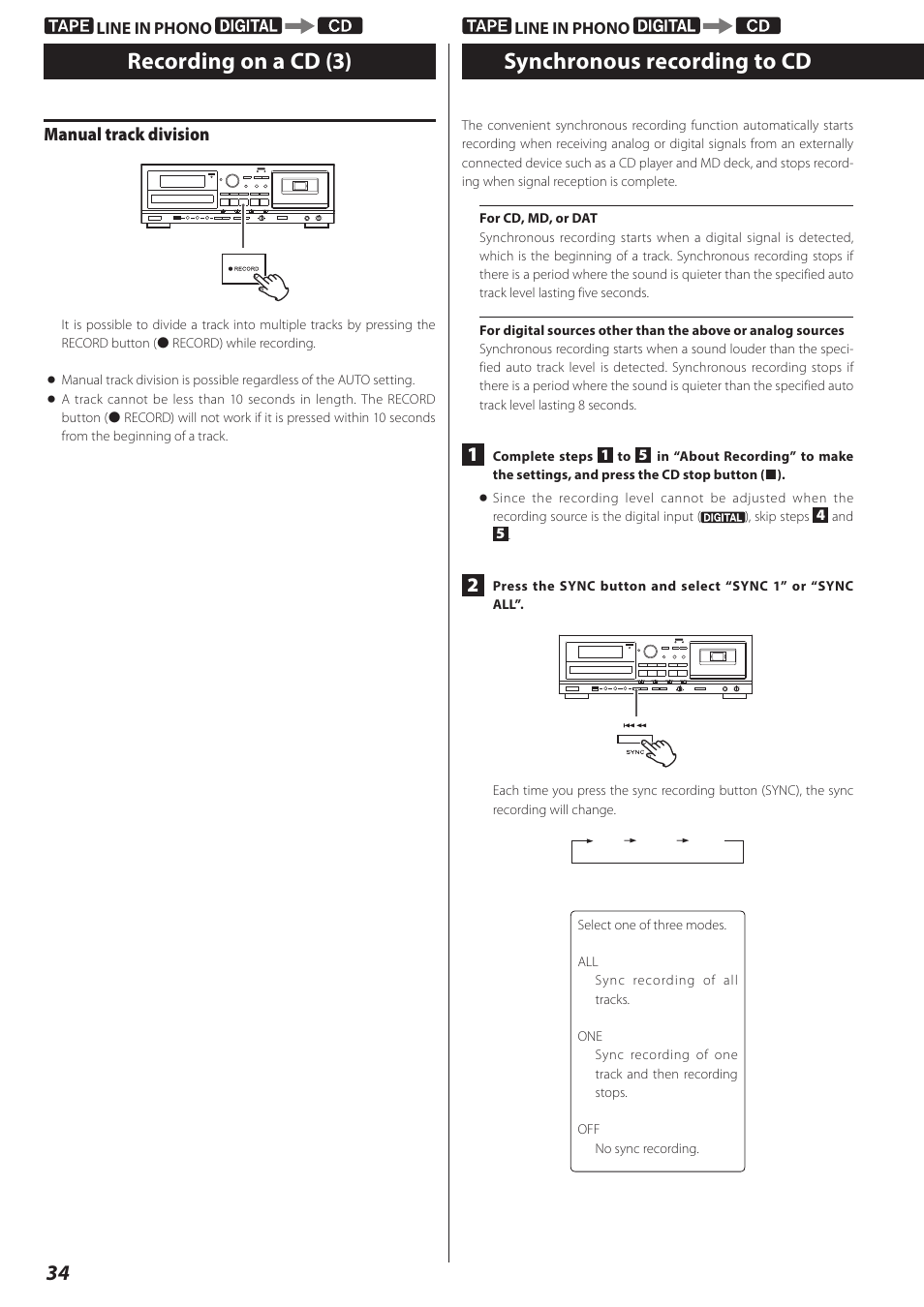 Synchronous recording to cd, Recording on a cd (3) synchronous recording to cd, Manual track division | Teac AD-RW900-B User Manual | Page 34 / 148