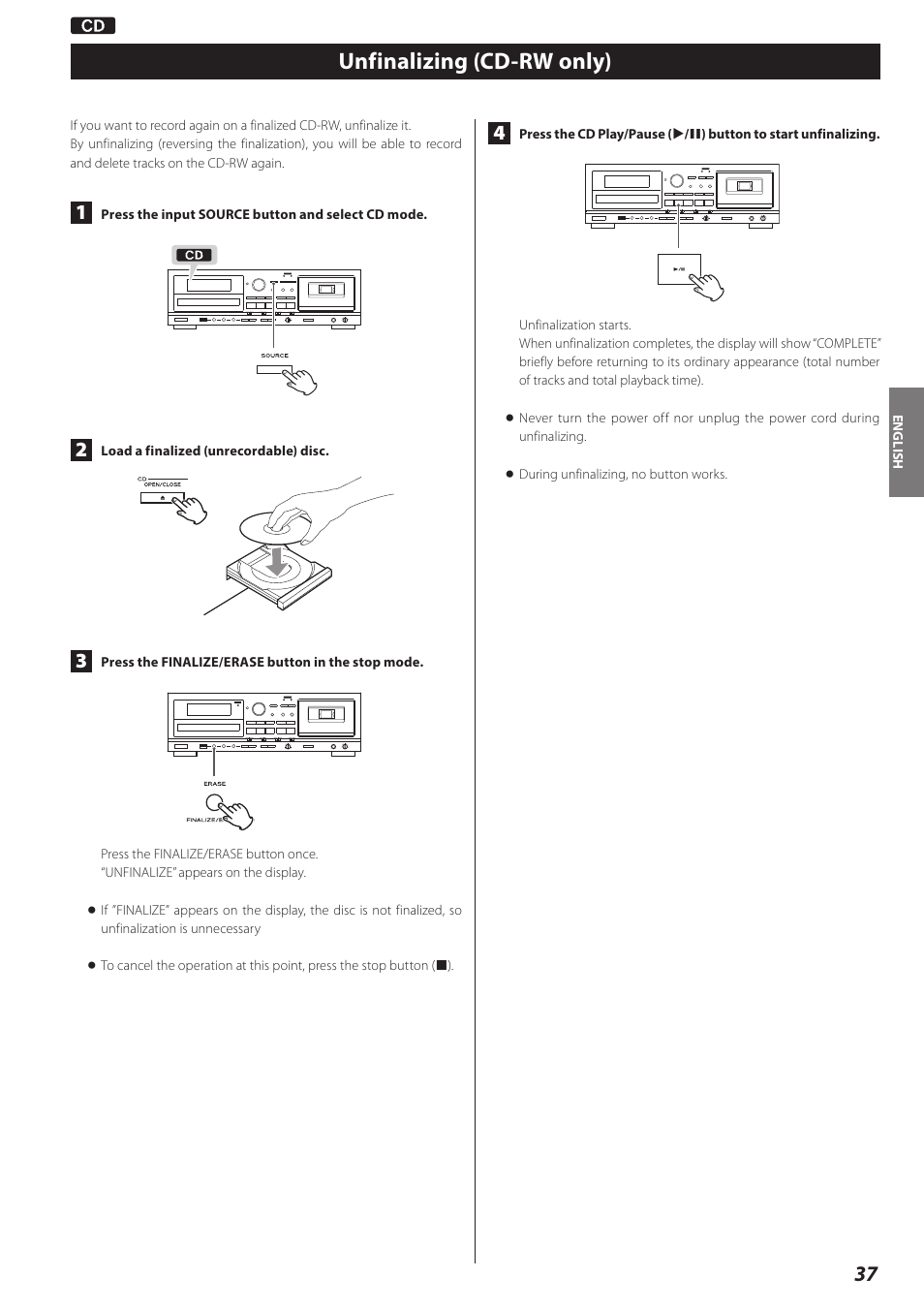 Unfinalizing (cd-rw only) | Teac AD-RW900-B User Manual | Page 37 / 148