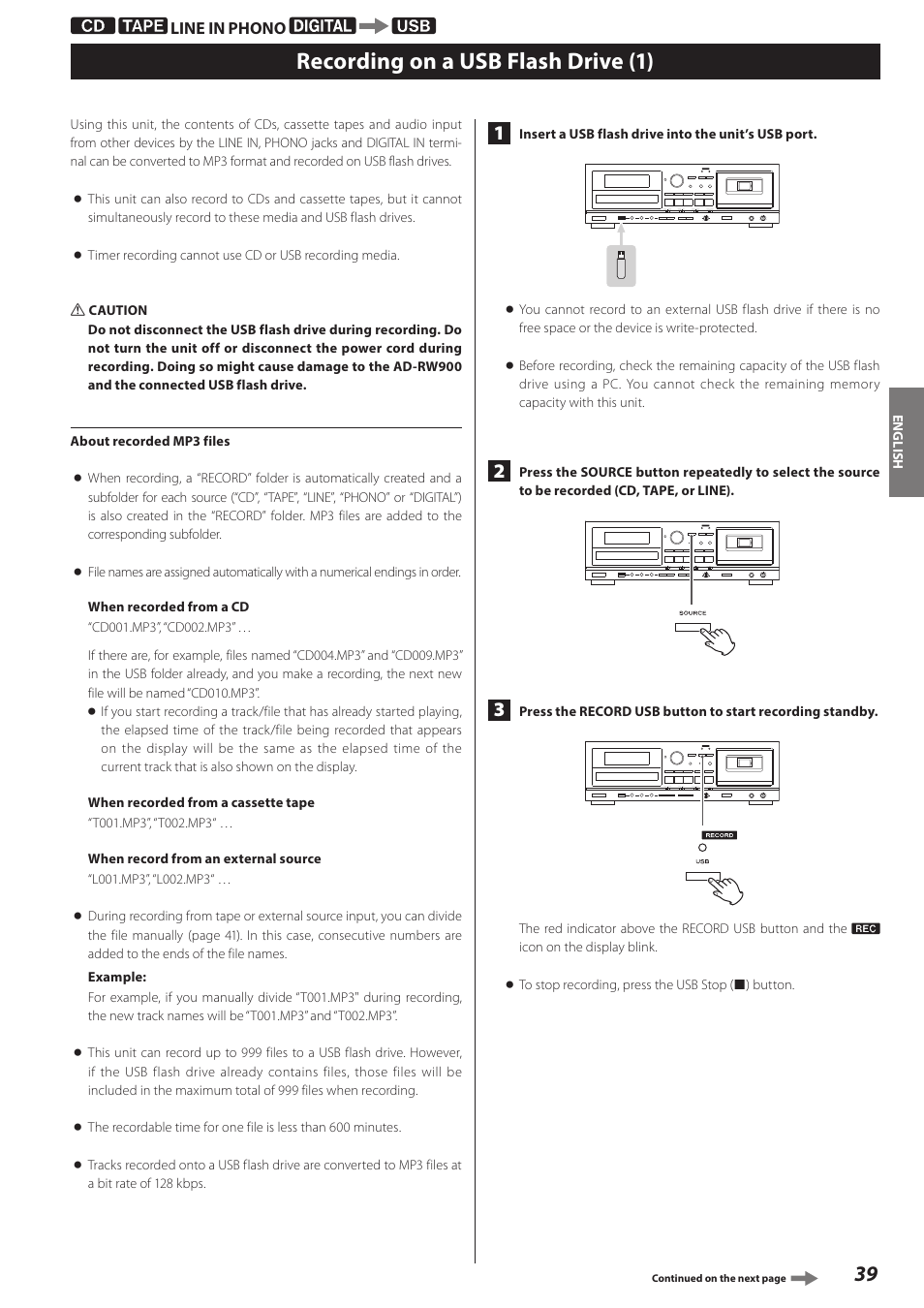 Recording on a usb flash drive, Recording on a usb flash drive (1) | Teac AD-RW900-B User Manual | Page 39 / 148