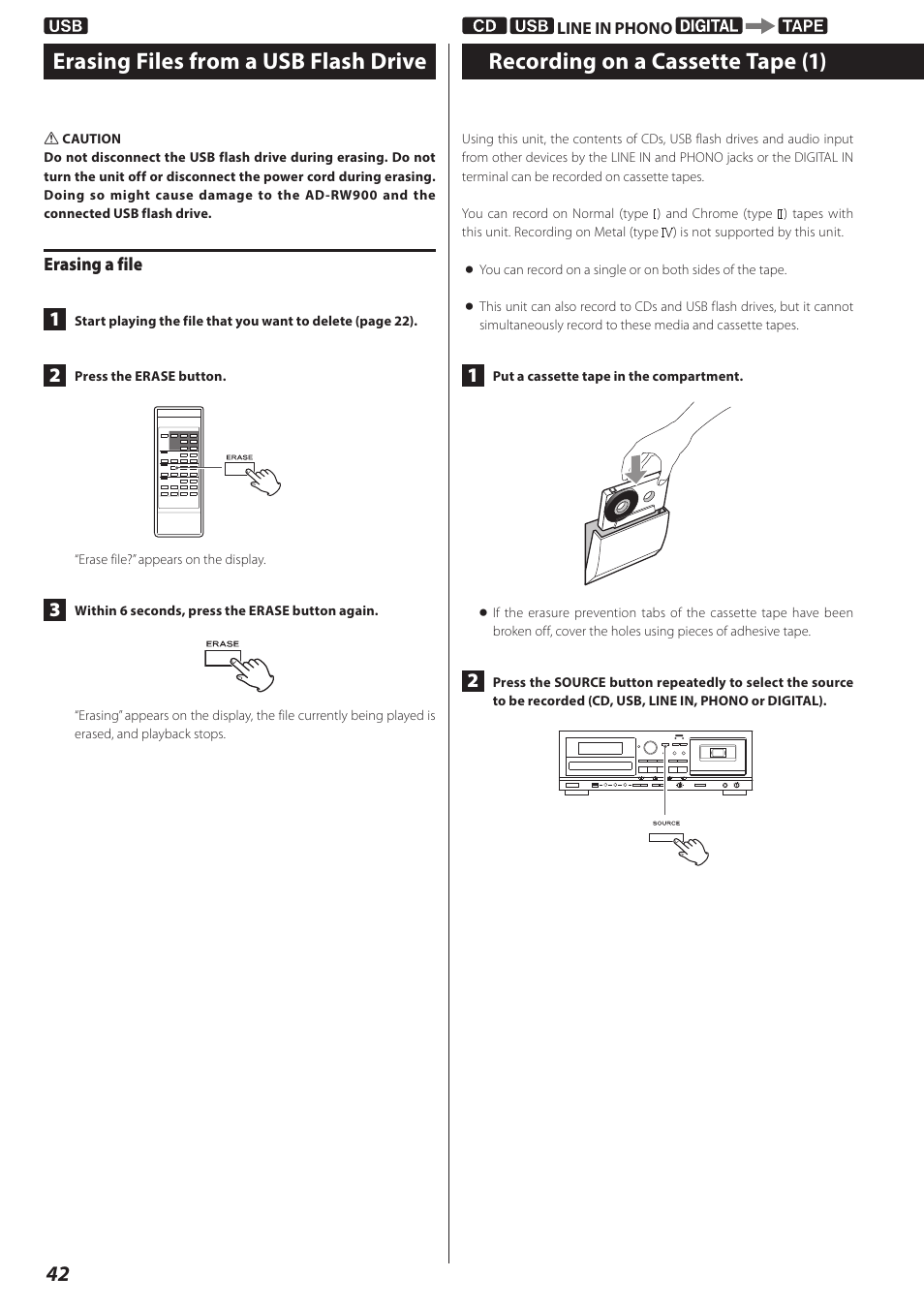 Erasing files from a usb flash drive, Recording on a cassette tape, Recording on a cassette tape (1) | Teac AD-RW900-B User Manual | Page 42 / 148