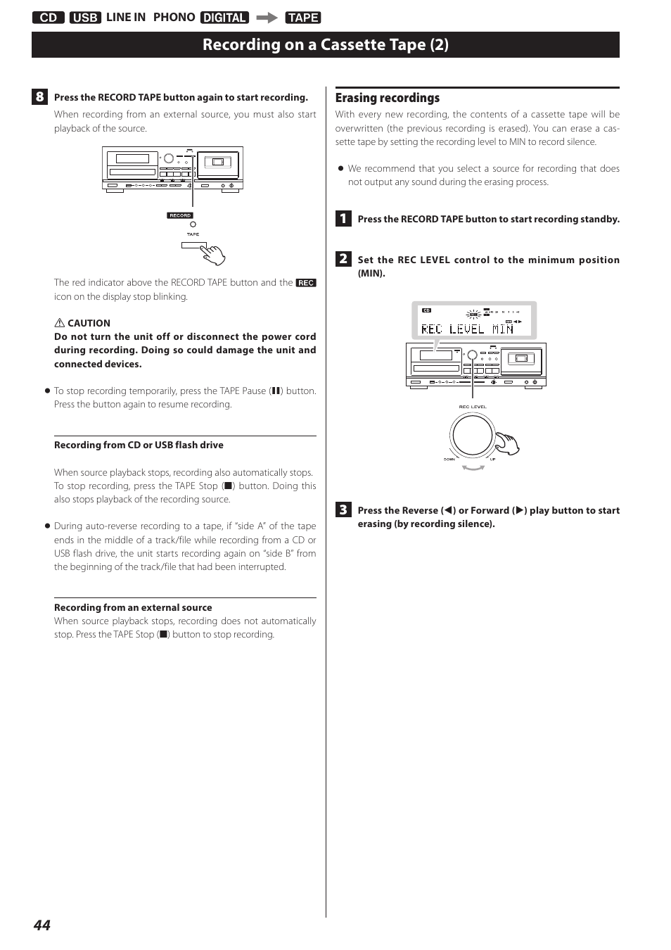 Recording on a cassette tape (2) | Teac AD-RW900-B User Manual | Page 44 / 148