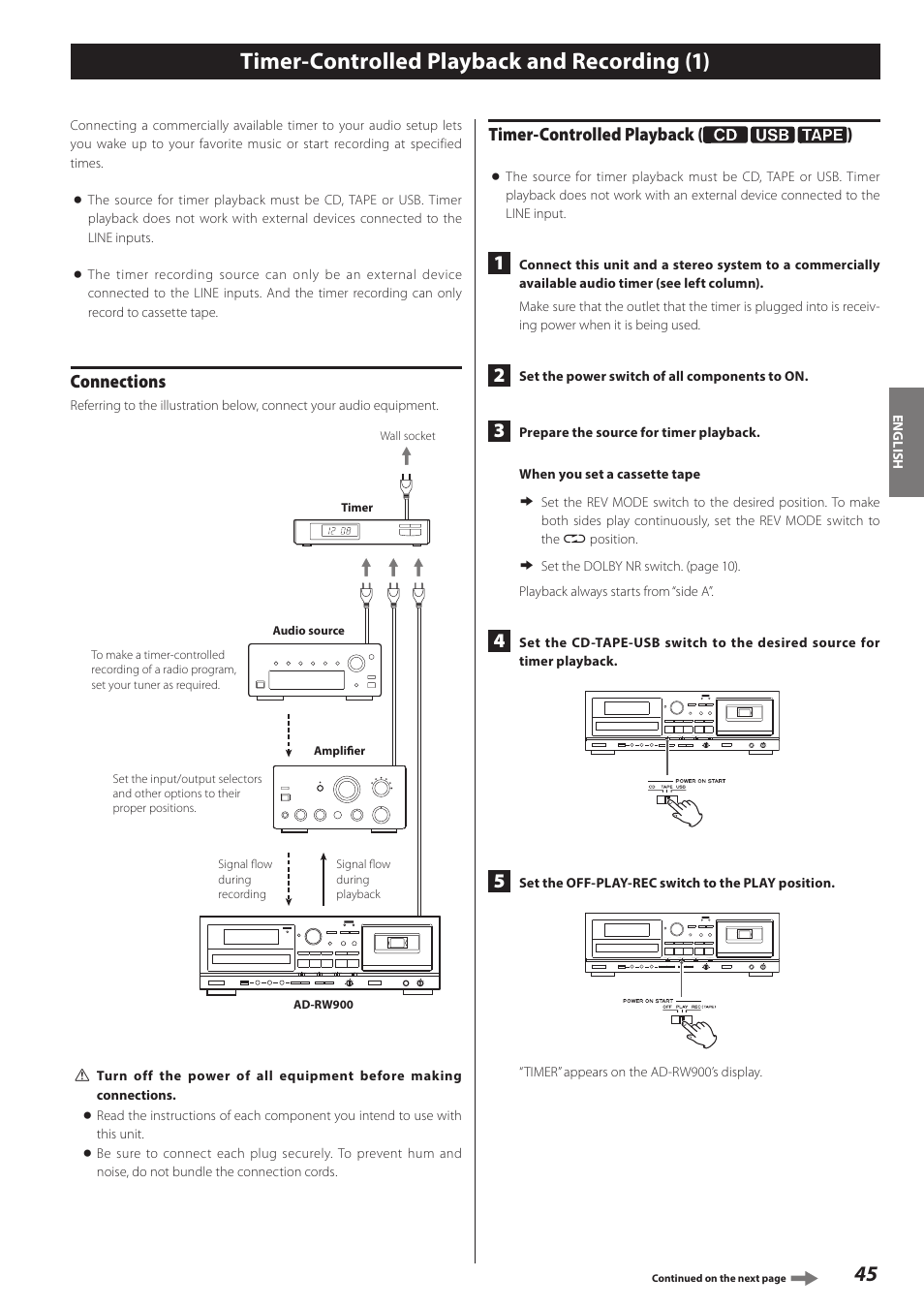 Timer-controlled playback and recording, Timer-controlled playback and recording (1), Connections | Timer-controlled playback | Teac AD-RW900-B User Manual | Page 45 / 148