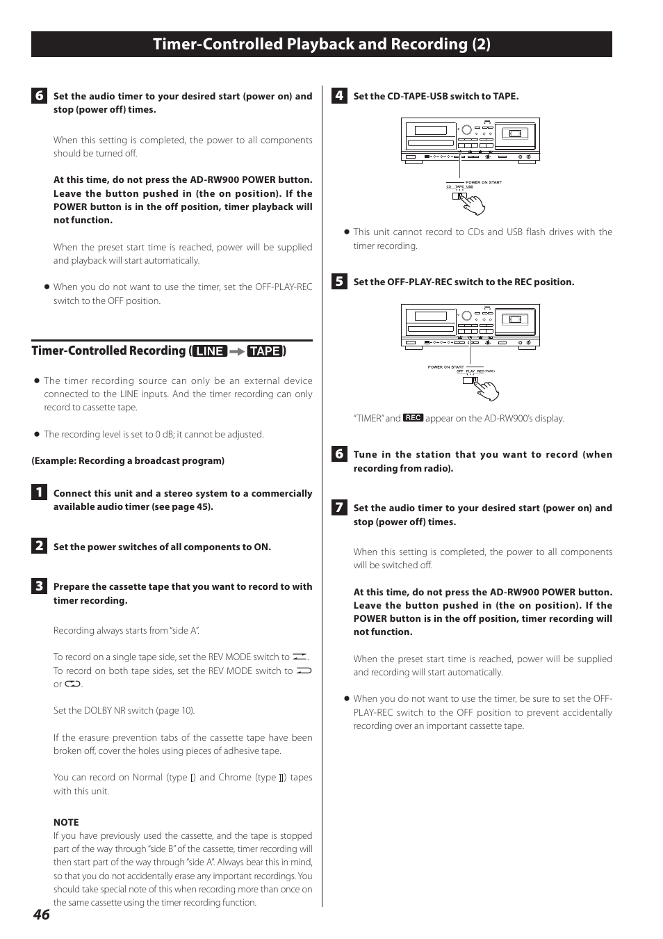 Timer-controlled playback and recording (2), Timer-controlled recording | Teac AD-RW900-B User Manual | Page 46 / 148