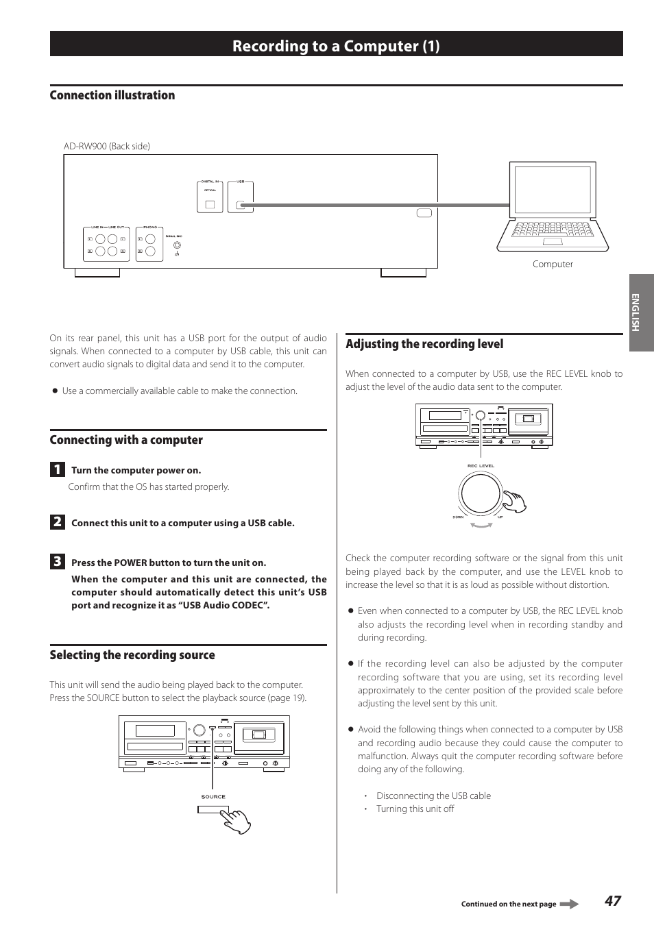 Recording to a computer, Recording to a computer (1) | Teac AD-RW900-B User Manual | Page 47 / 148