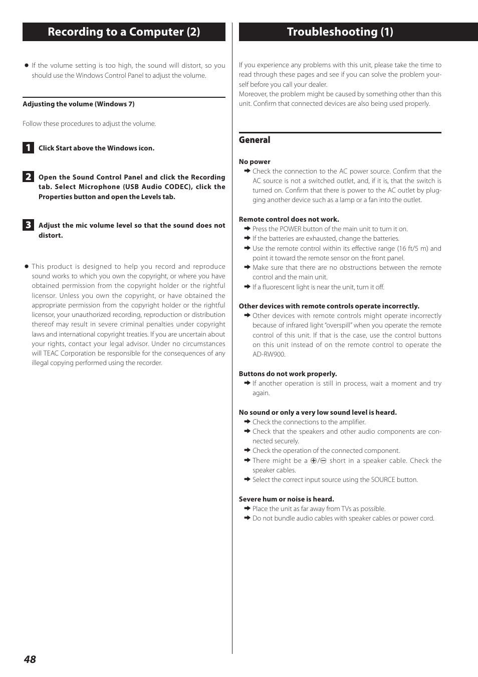 Troubleshooting, Troubleshooting (1) recording to a computer (2), General | Teac AD-RW900-B User Manual | Page 48 / 148