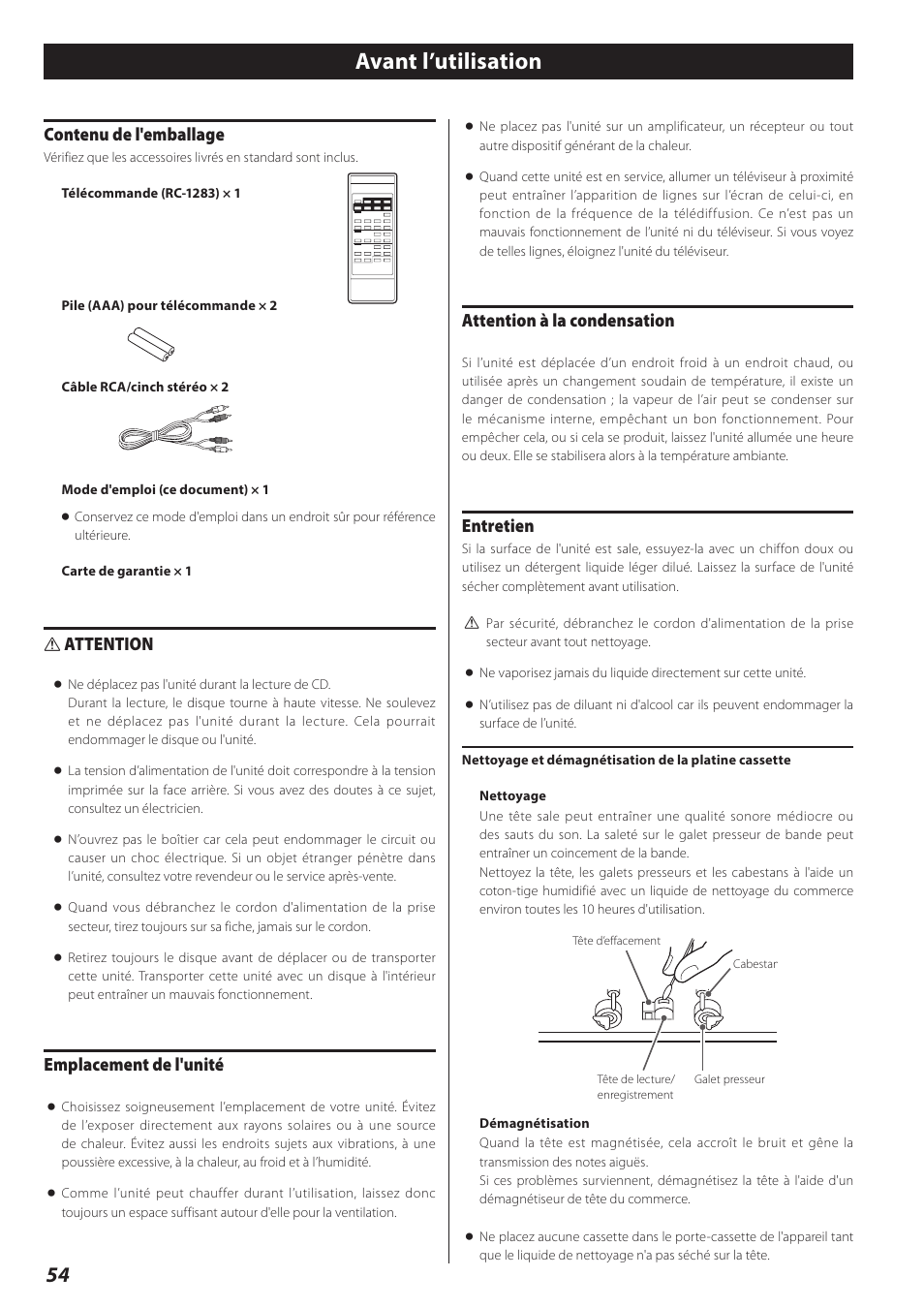 Avant l’utilisation, Contenu de l'emballage, Attention | Emplacement de l'unité, Attention à la condensation, Entretien | Teac AD-RW900-B User Manual | Page 54 / 148