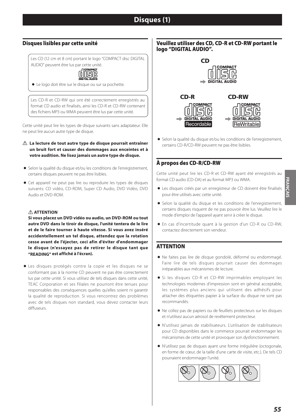 Disques, Disques (1), Disques lisibles par cette unité | À propos des cd-r/cd-rw, Attention | Teac AD-RW900-B User Manual | Page 55 / 148