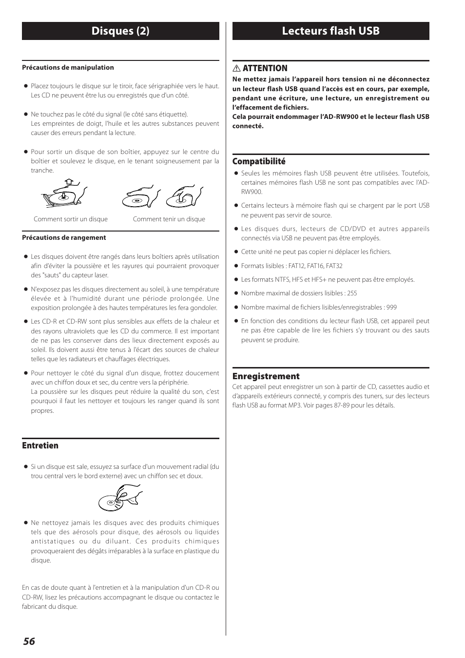 Lecteurs flash usb, Disques (2) lecteurs flash usb, Entretien | Attention, Compatibilité, Enregistrement | Teac AD-RW900-B User Manual | Page 56 / 148