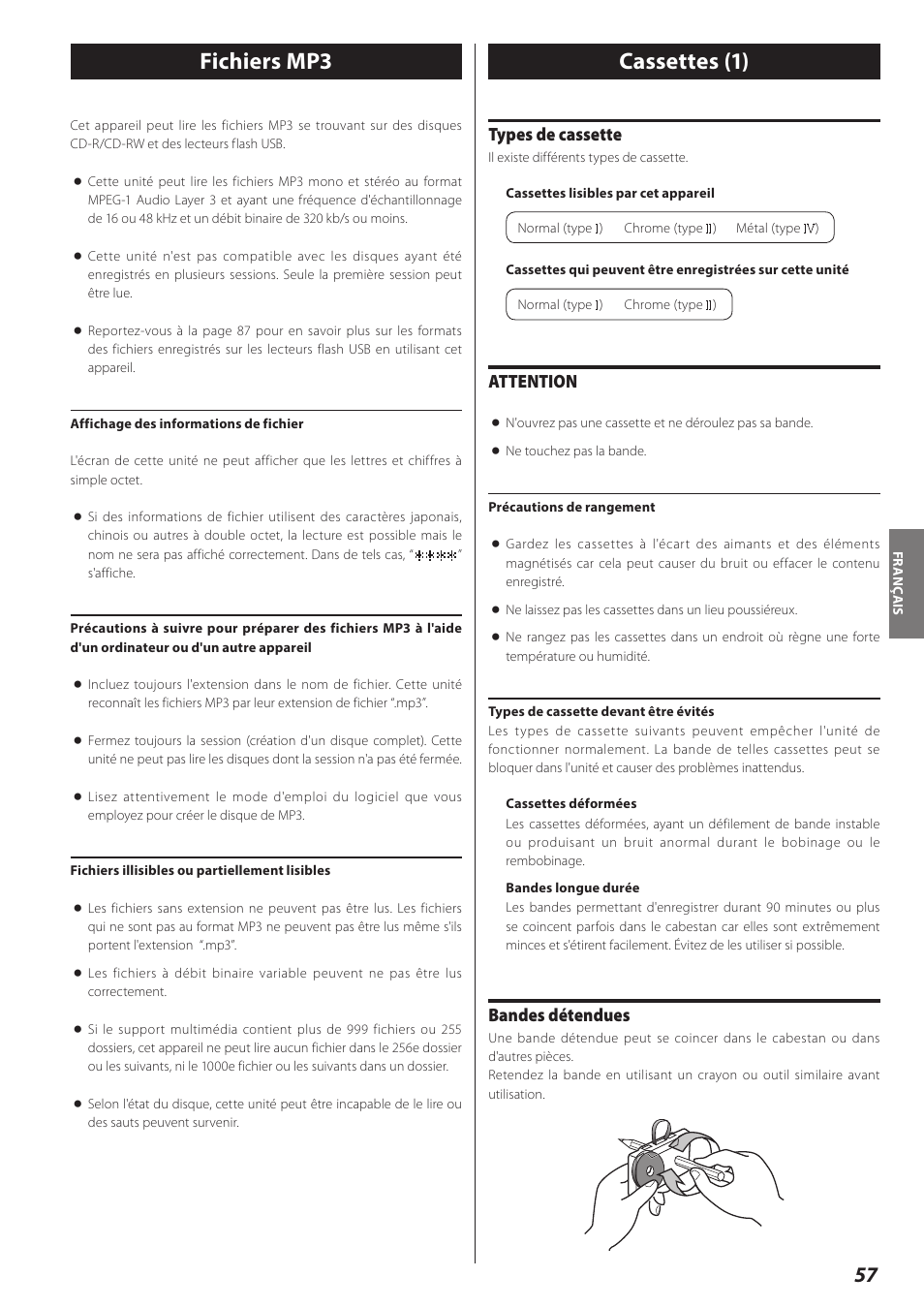 Fichiers mp3, Cassettes, Fichiers mp3 cassettes | Cassettes (1), Types de cassette, Attention, Bandes détendues | Teac AD-RW900-B User Manual | Page 57 / 148