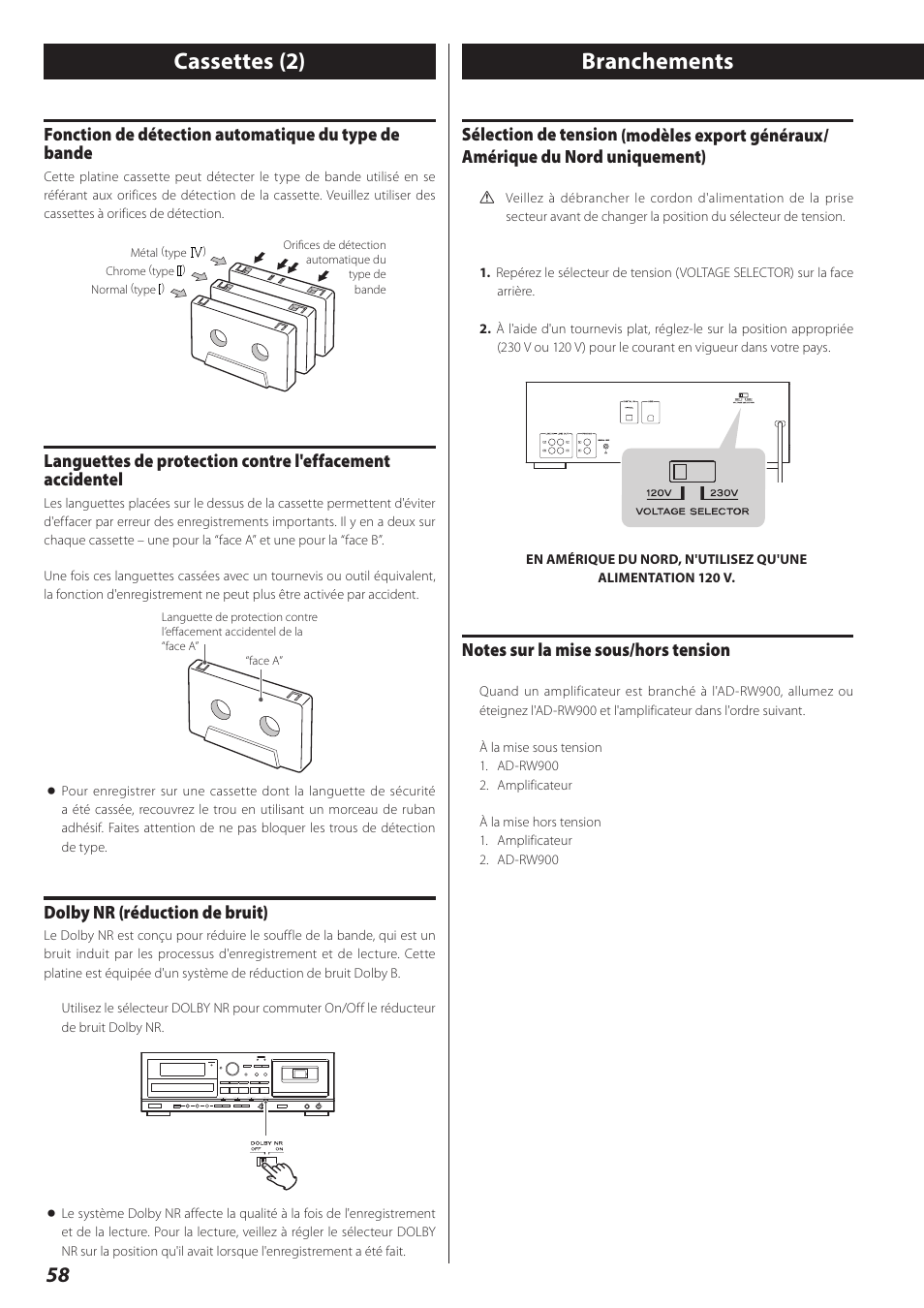 Branchements, Cassettes (2), Fonction de détection automatique du type de bande | Dolby nr (réduction de bruit) | Teac AD-RW900-B User Manual | Page 58 / 148