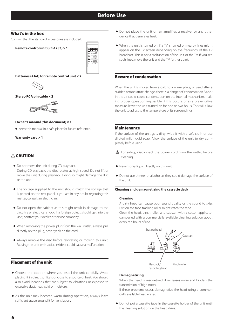 Before use, What’s in the box, Caution | Placement of the unit, Beware of condensation, Maintenance | Teac AD-RW900-B User Manual | Page 6 / 148