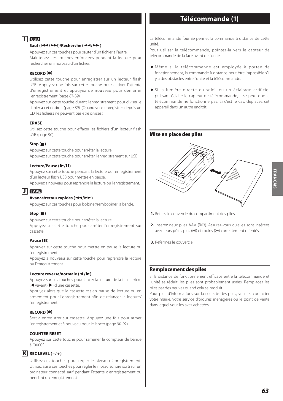 Télécommande, Télécommande (1), Mise en place des piles | Remplacement des piles | Teac AD-RW900-B User Manual | Page 63 / 148