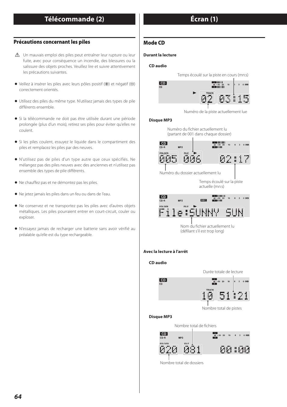 Écran, Écran (1), Télécommande (2) | Mode cd, Précautions concernant les piles | Teac AD-RW900-B User Manual | Page 64 / 148