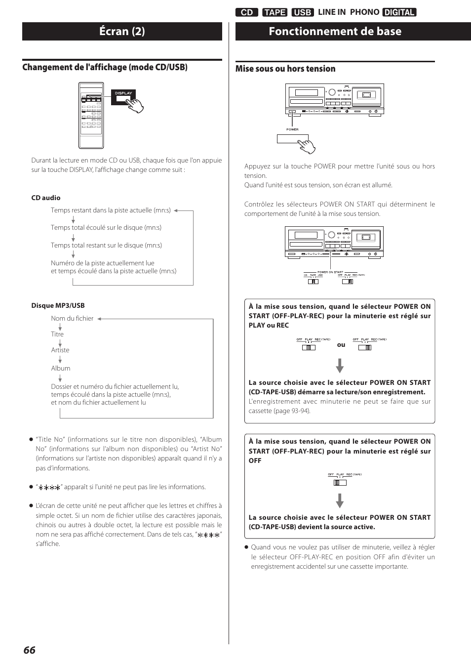 Fonctionnement de base, Écran (2), Mise sous ou hors tension | Changement de l'affichage (mode cd/usb) | Teac AD-RW900-B User Manual | Page 66 / 148