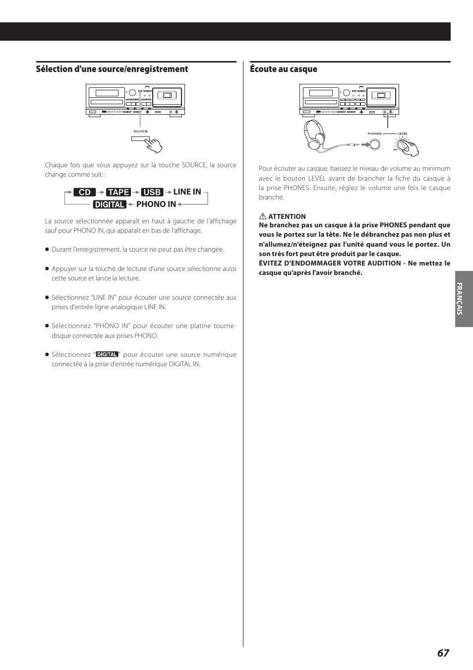 Écoute au casque, Sélection d'une source/enregistrement | Teac AD-RW900-B User Manual | Page 67 / 148