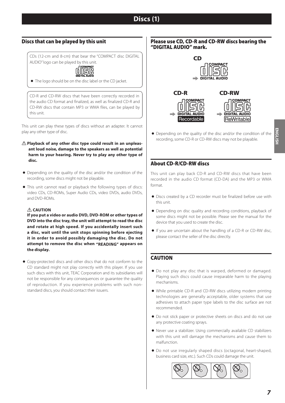 Discs, Discs (1), Discs that can be played by this unit | About cd-r/cd-rw discs, Caution | Teac AD-RW900-B User Manual | Page 7 / 148