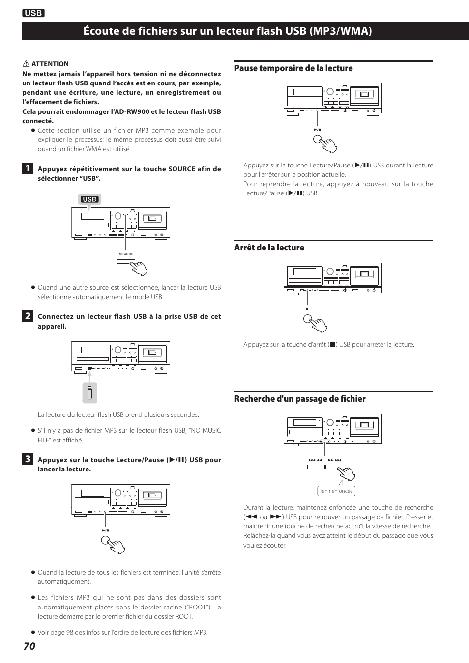Pause temporaire de la lecture, Arrêt de la lecture, Recherche d'un passage de fichier | Teac AD-RW900-B User Manual | Page 70 / 148