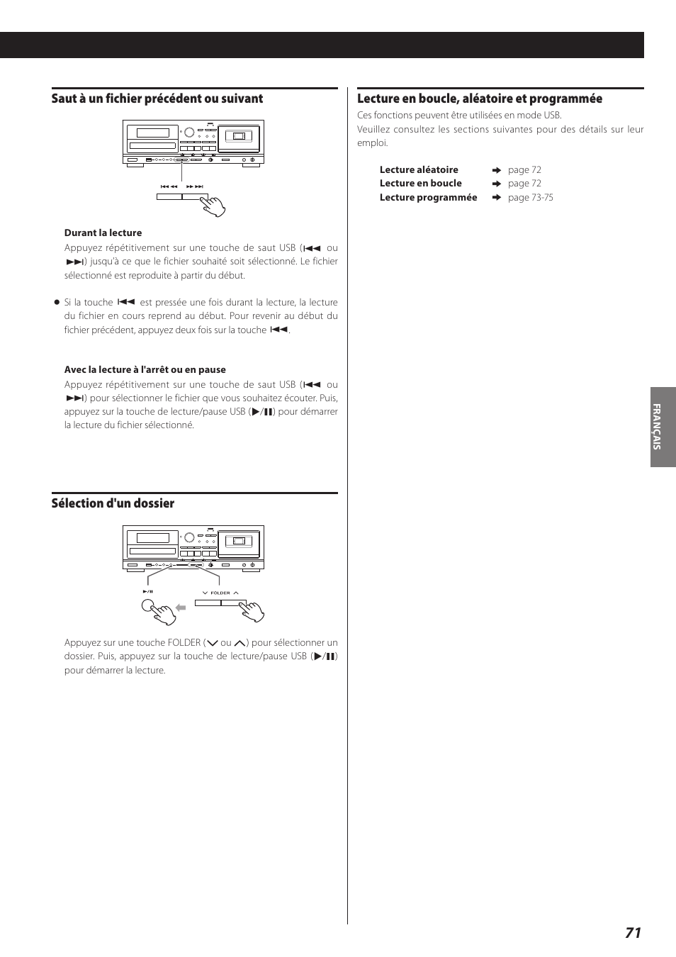Saut à un fichier précédent ou suivant, Sélection d'un dossier, Lecture en boucle, aléatoire et programmée | Teac AD-RW900-B User Manual | Page 71 / 148