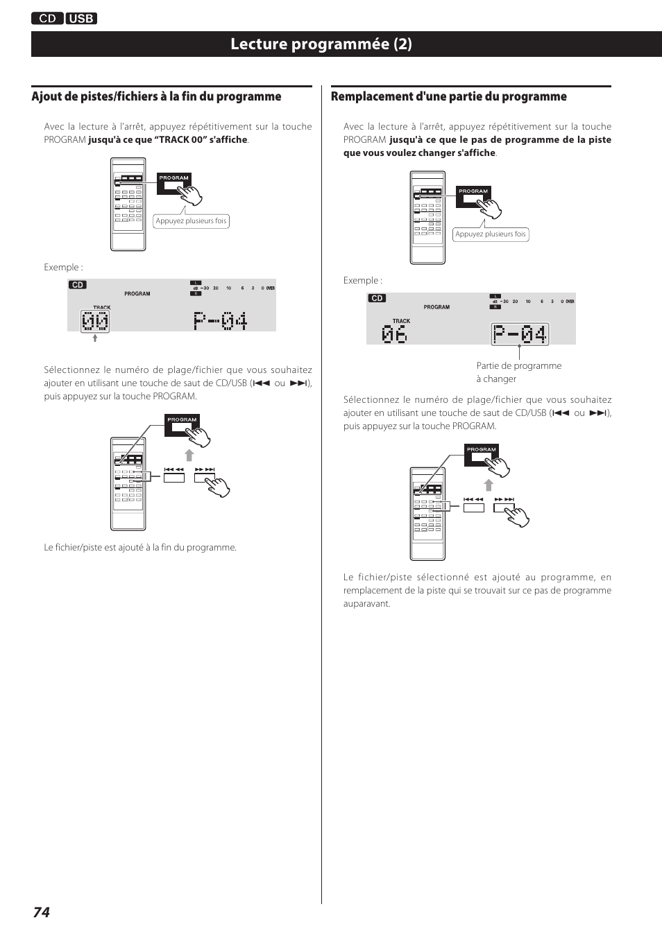 Lecture programmée (2), Ajout de pistes/fichiers à la fin du programme, Remplacement d'une partie du programme | Teac AD-RW900-B User Manual | Page 74 / 148
