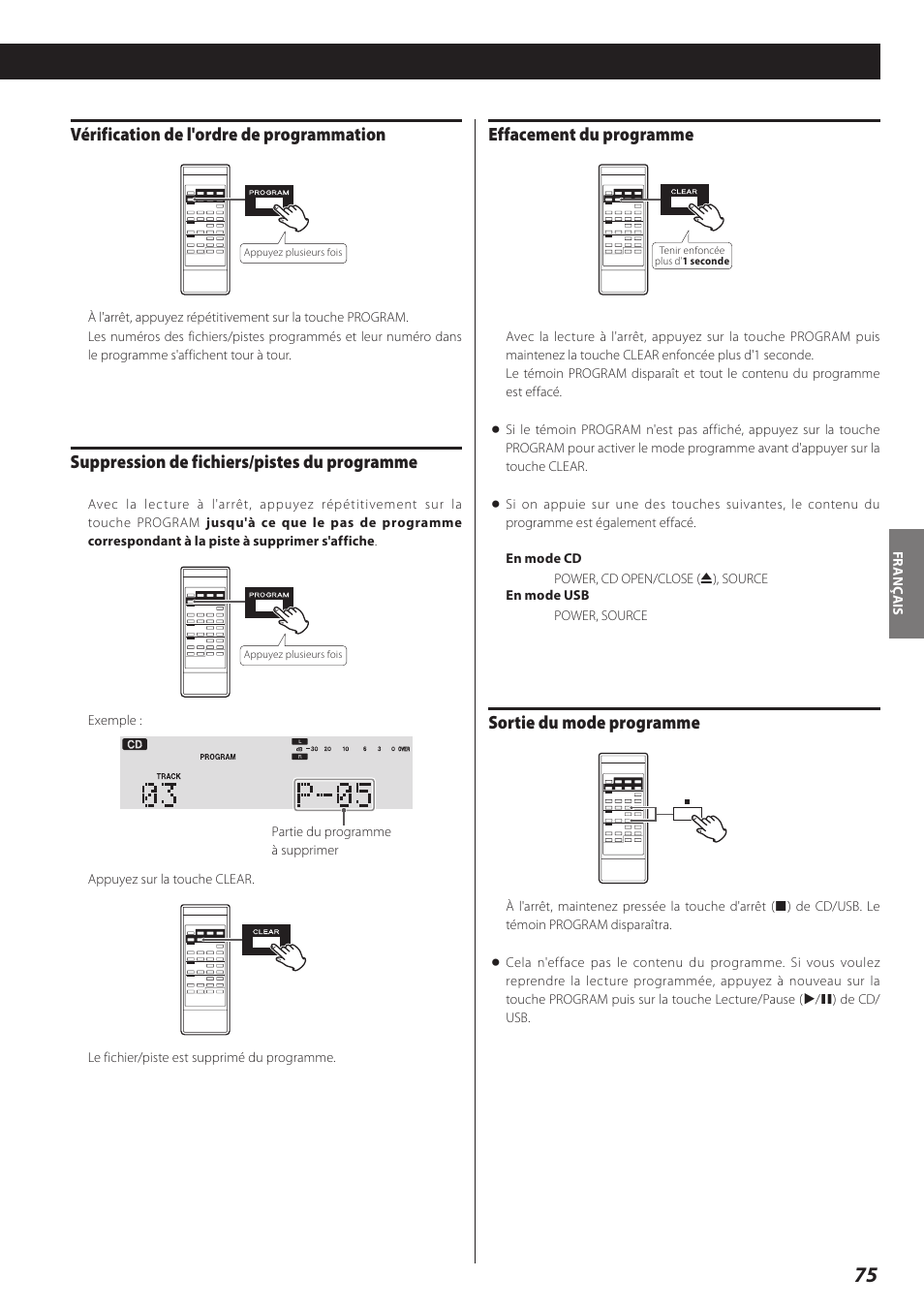 Effacement du programme, Sortie du mode programme, Vérification de l'ordre de programmation | Suppression de fichiers/pistes du programme | Teac AD-RW900-B User Manual | Page 75 / 148