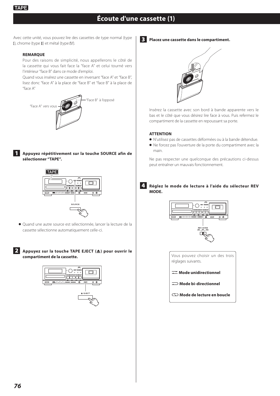 Écoute d'une cassette, Écoute d'une cassette (1) | Teac AD-RW900-B User Manual | Page 76 / 148