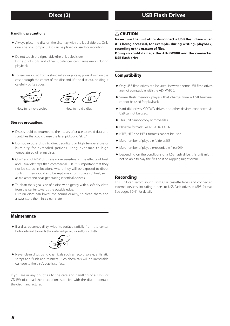 Usb flash drives, Discs (2) usb flash drives, Maintenance | Caution, Compatibility, Recording | Teac AD-RW900-B User Manual | Page 8 / 148