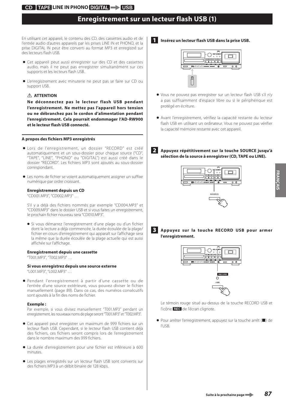 Enregistrement sur un lecteur flash usb, Enregistrement sur un lecteur flash usb (1) | Teac AD-RW900-B User Manual | Page 87 / 148