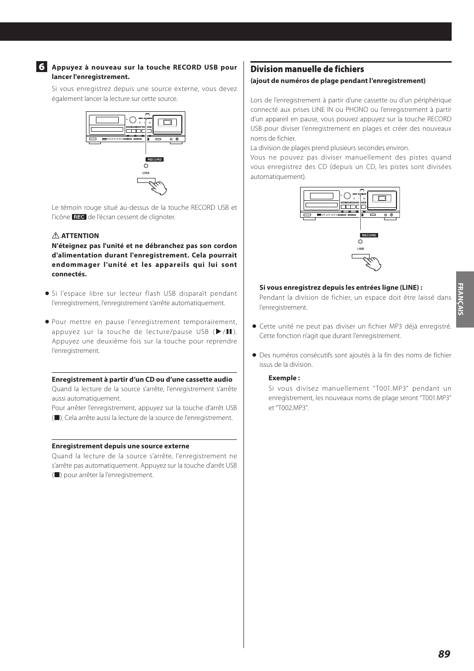 Division manuelle de fichiers | Teac AD-RW900-B User Manual | Page 89 / 148