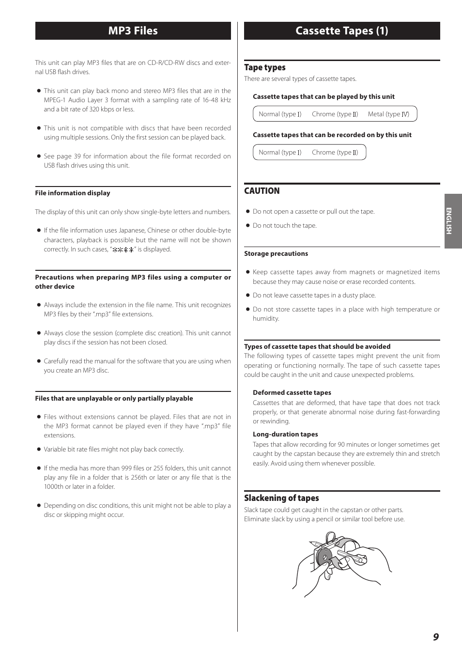 Mp3 files, Cassette tapes, Mp3 files cassette tapes | Cassette tapes (1), Tape types, Caution, Slackening of tapes | Teac AD-RW900-B User Manual | Page 9 / 148