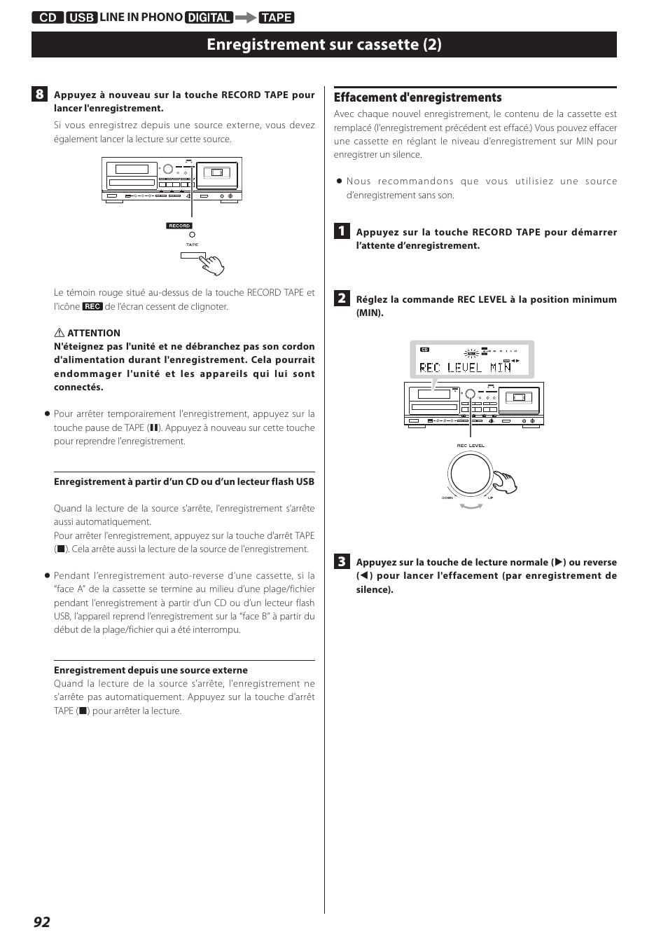 Enregistrement sur cassette (2), Effacement d'enregistrements | Teac AD-RW900-B User Manual | Page 92 / 148