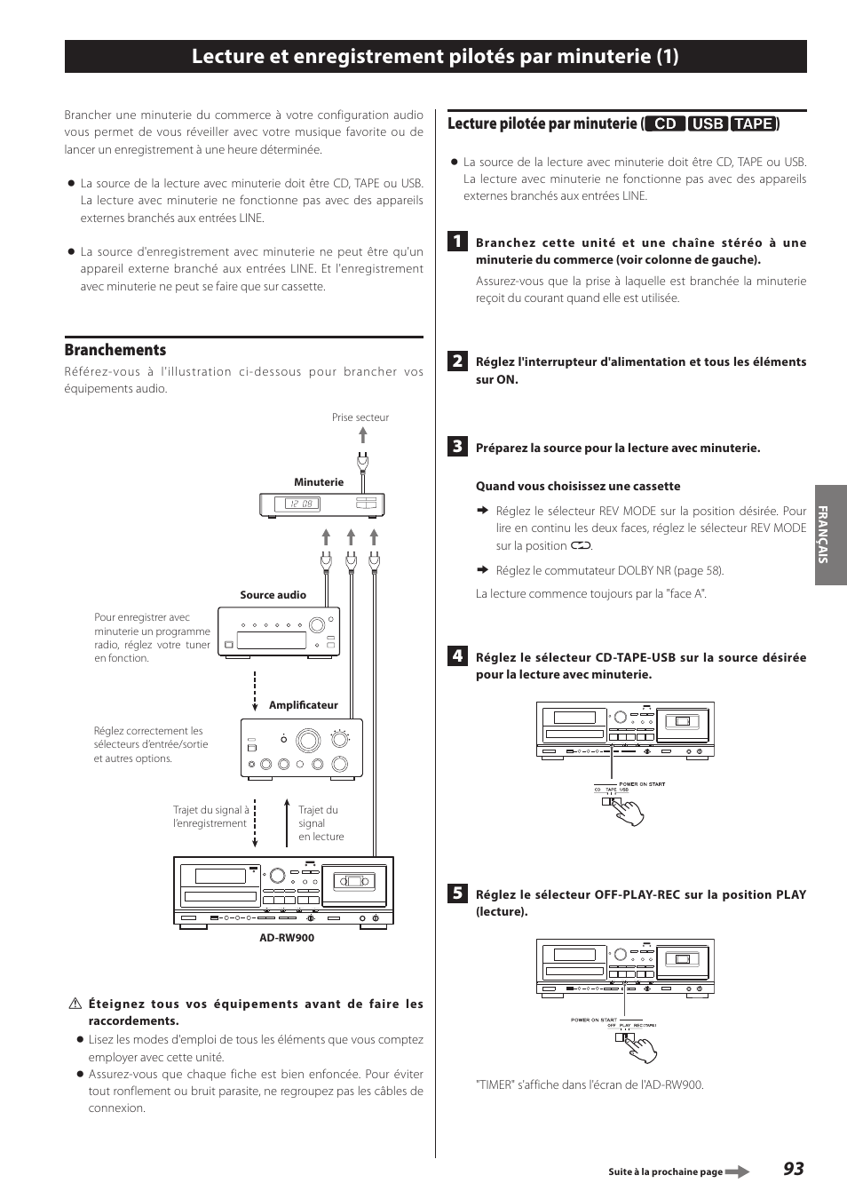 Lecture et enregistrement pilotés par minuterie, Branchements, Lecture pilotée par minuterie | Teac AD-RW900-B User Manual | Page 93 / 148