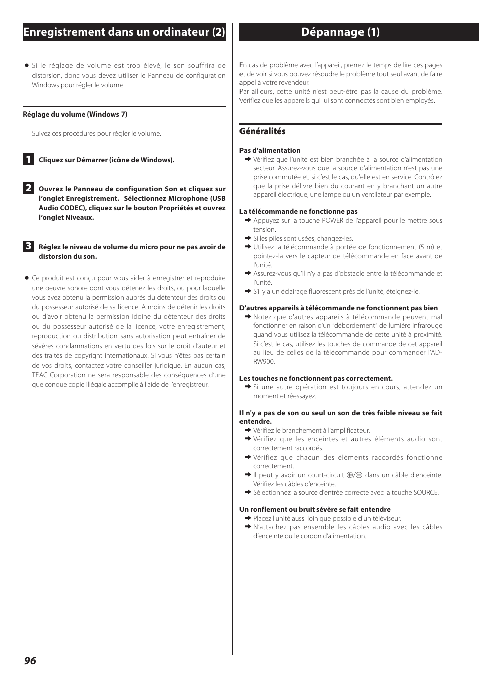 Dépannage, Généralités | Teac AD-RW900-B User Manual | Page 96 / 148