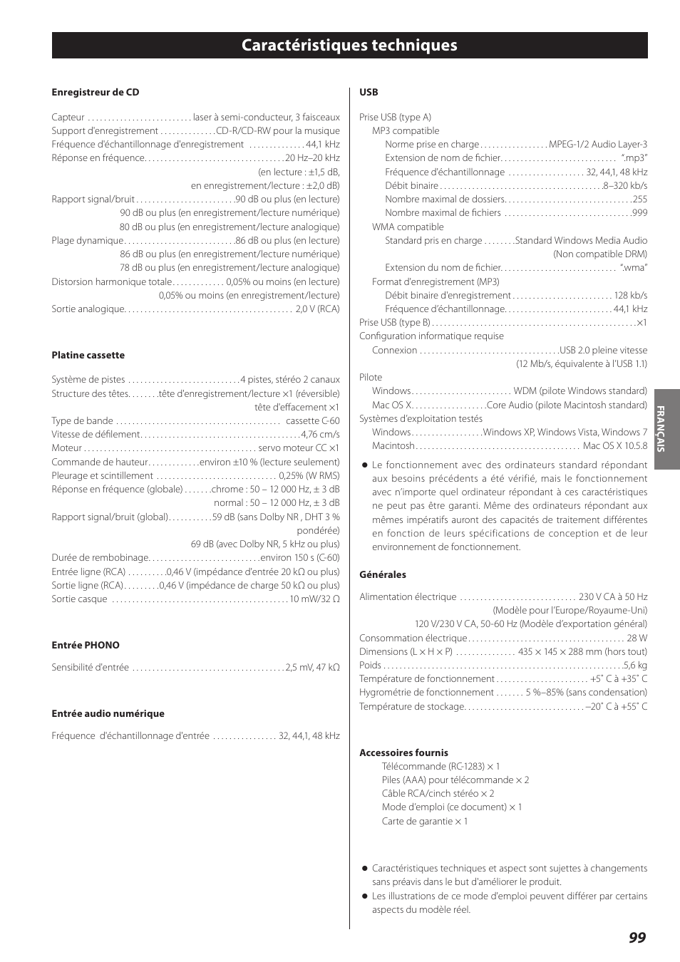 Caractéristiques techniques | Teac AD-RW900-B User Manual | Page 99 / 148