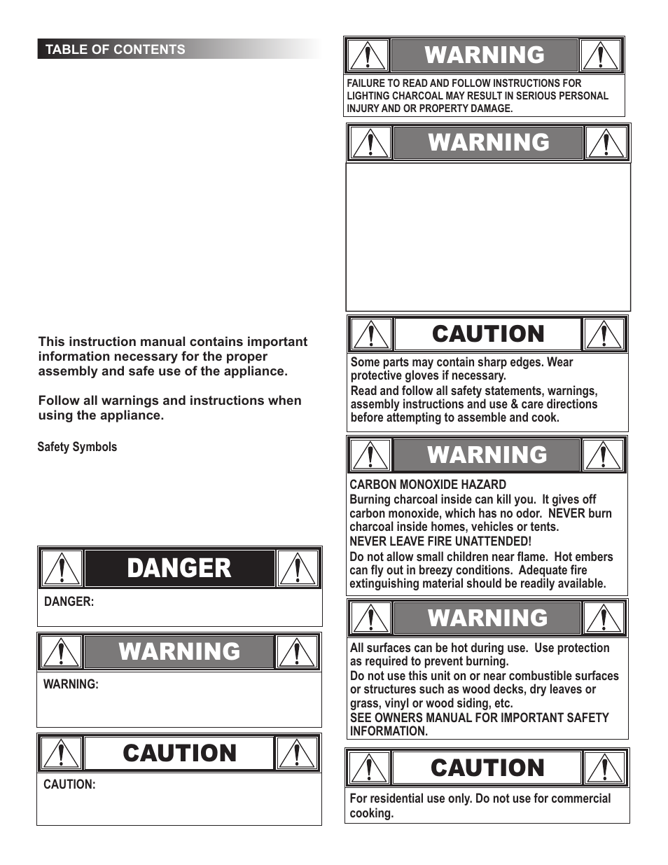 Danger, Warning, Caution | Warning caution | Char-Broil 8301390 User Manual | Page 2 / 20