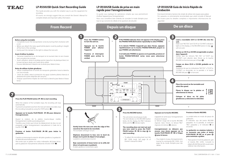 Teac LP-R550USB Quick Start User Manual | 2 pages