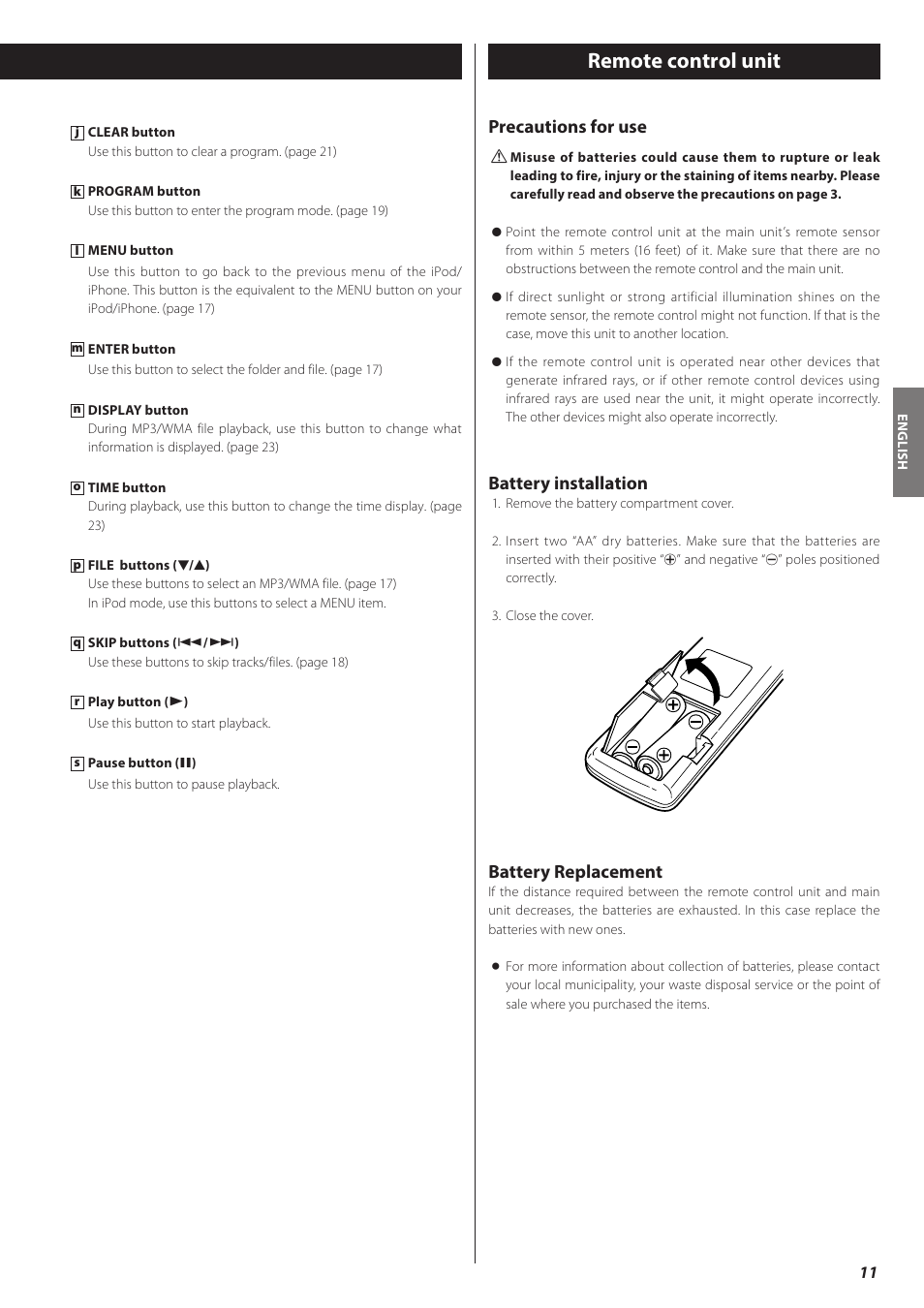 Remote control unit, Precautions for use, Battery installation | Battery replacement | Teac CD-H750 User Manual | Page 11 / 84