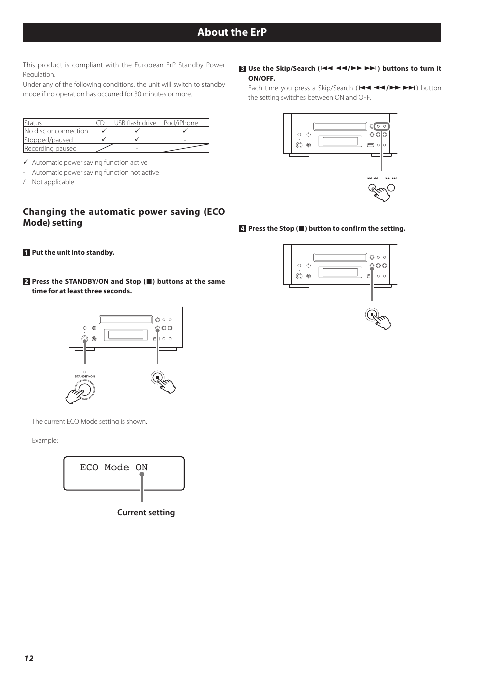 About the erp, Eco mode on | Teac CD-H750 User Manual | Page 12 / 84