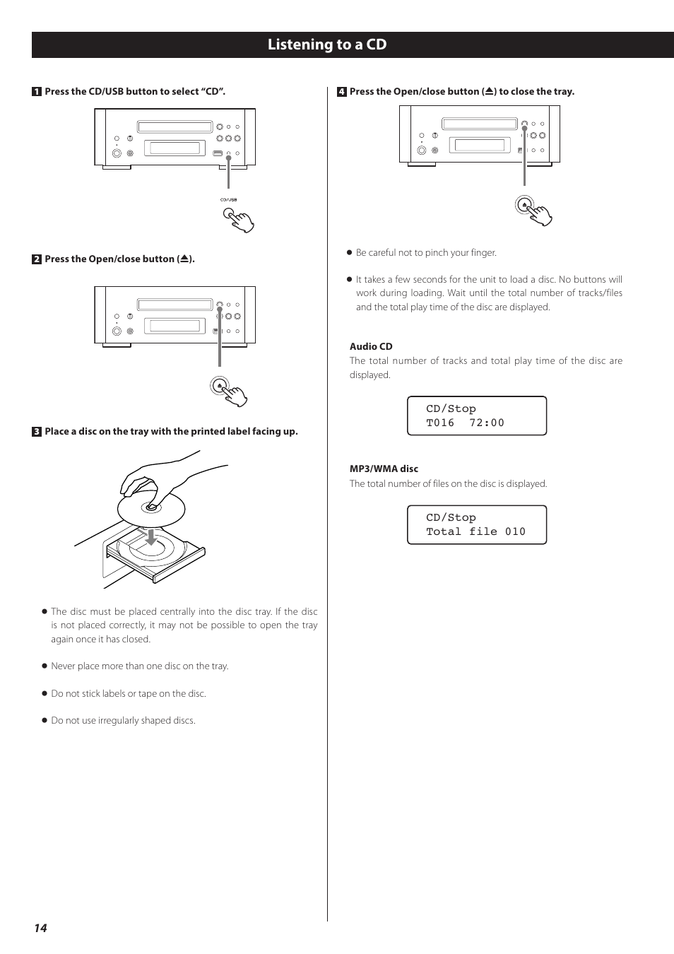 Listening to a cd | Teac CD-H750 User Manual | Page 14 / 84