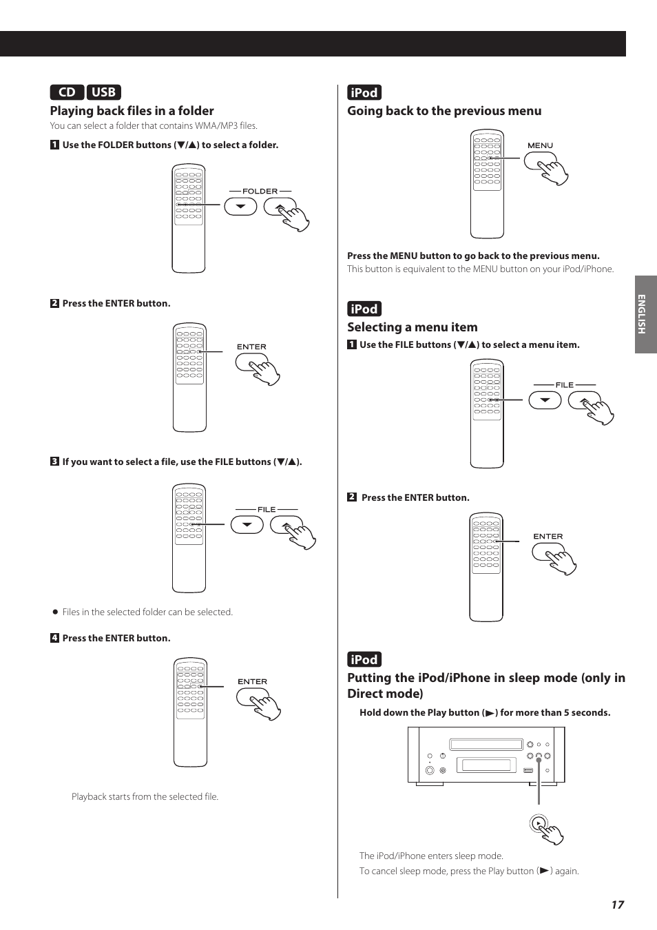 Ipod, Going back to the previous menu, Selecting a menu item | Usb playing back files in a folder | Teac CD-H750 User Manual | Page 17 / 84