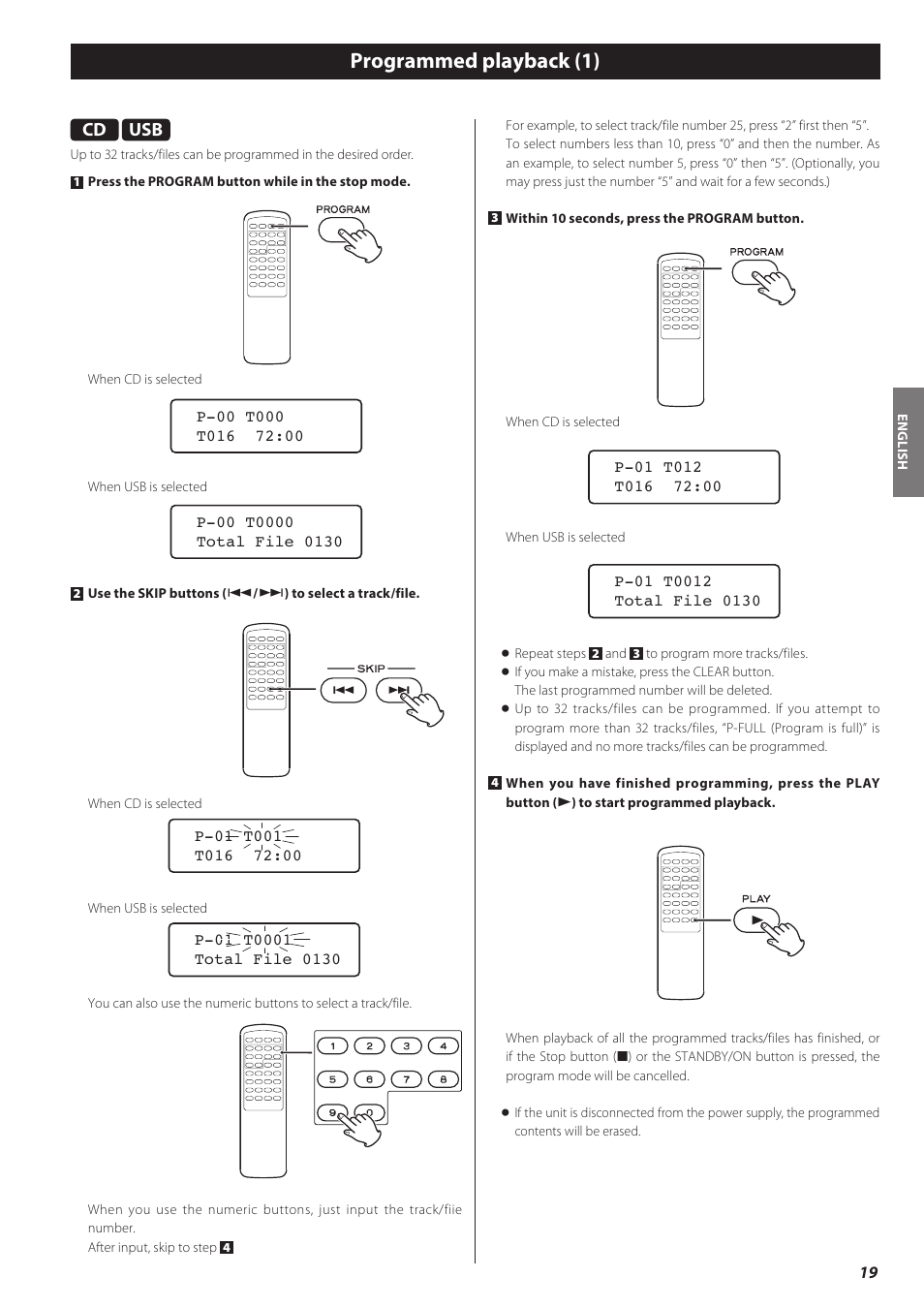 Programmed playback (1) | Teac CD-H750 User Manual | Page 19 / 84