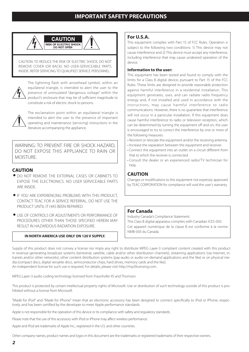 Important safety precautions | Teac CD-H750 User Manual | Page 2 / 84