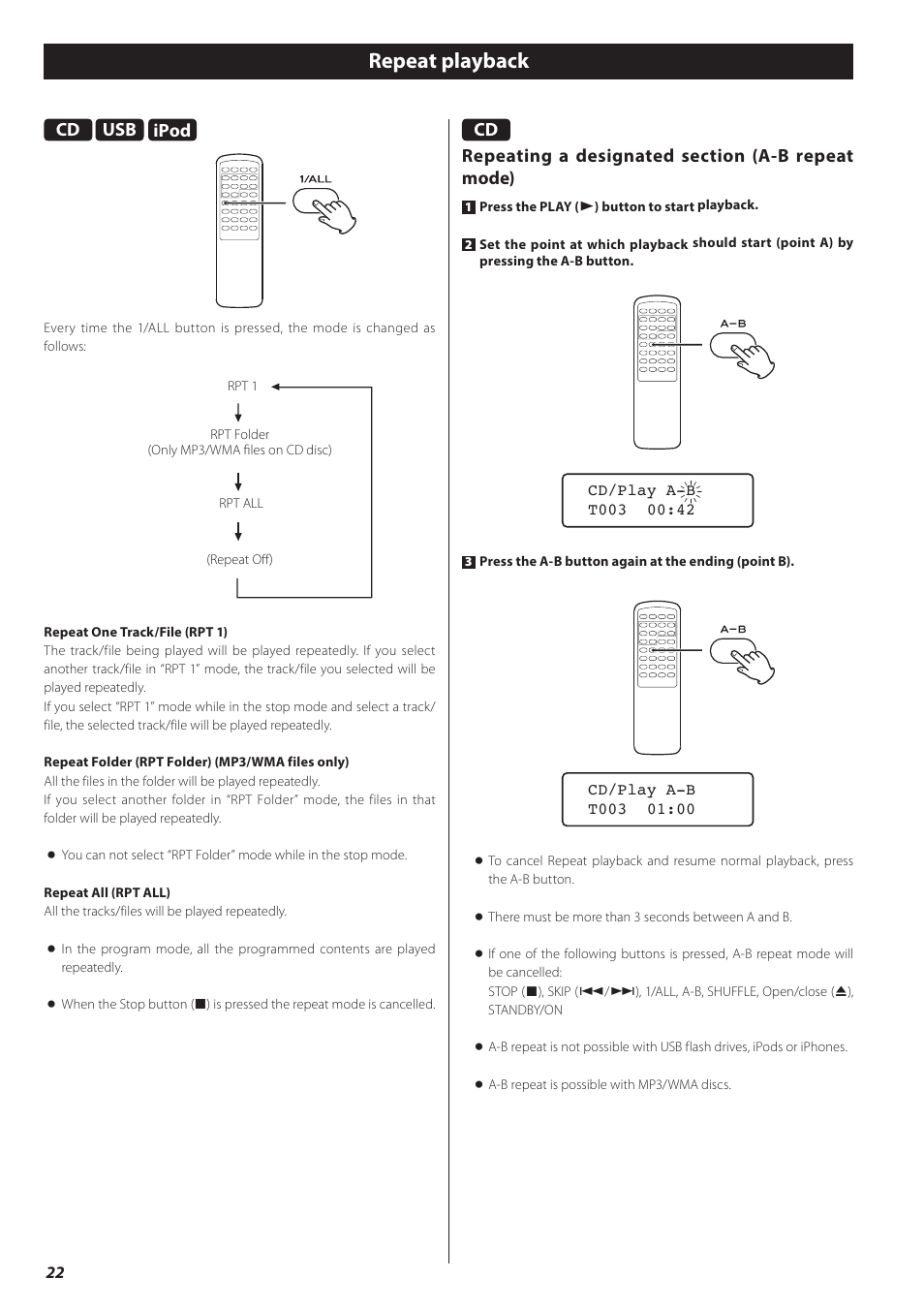 Repeat playback, Ipod | Teac CD-H750 User Manual | Page 22 / 84