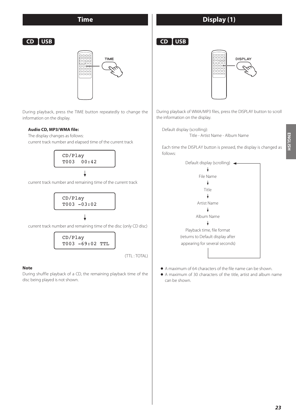 Time, Display (1), Time display (1) | Teac CD-H750 User Manual | Page 23 / 84